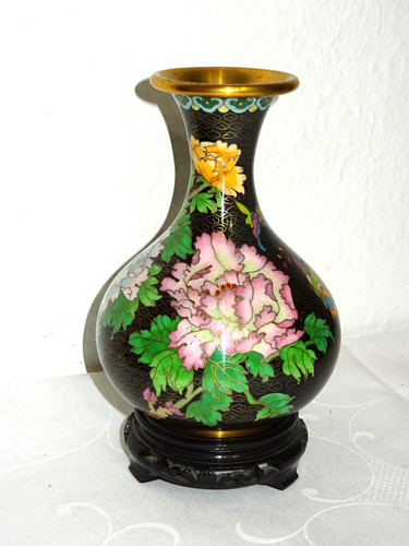 Vase cloisonne auf - auf, holzsockel